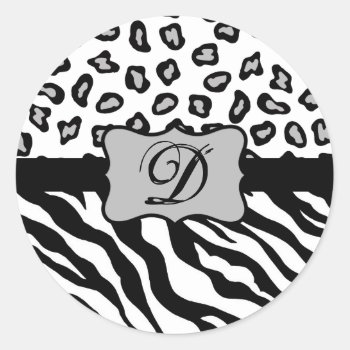 Black White Zebra Leopard Skin Monogram Classic Round Sticker by phyllisdobbs at Zazzle