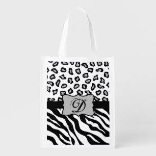 Black White Zebra Leopard Skin Monogram Grocery Bag