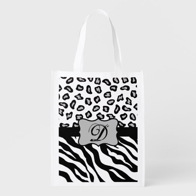 Black White Zebra Leopard Skin Monogram Grocery Bag (Front)