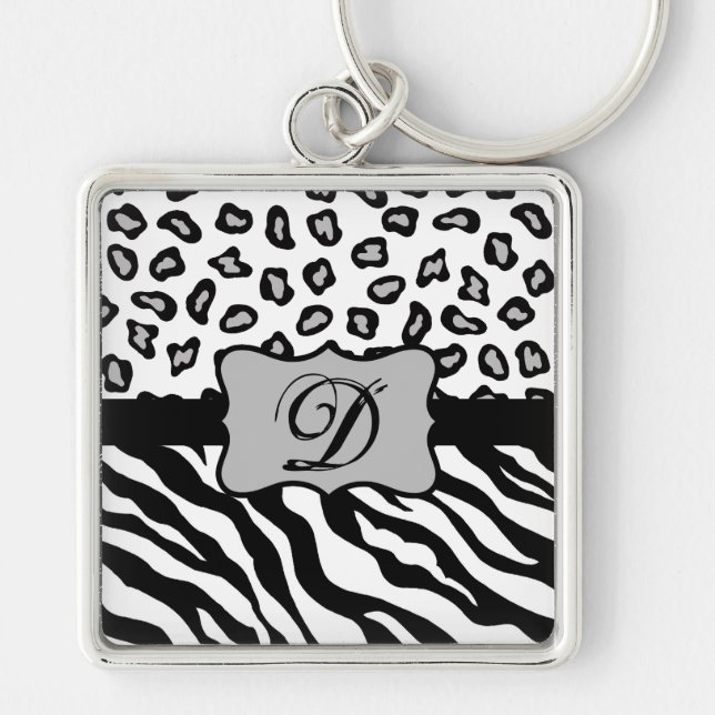 Black White Zebra Leopard Skin Monogram Keychain (Front)