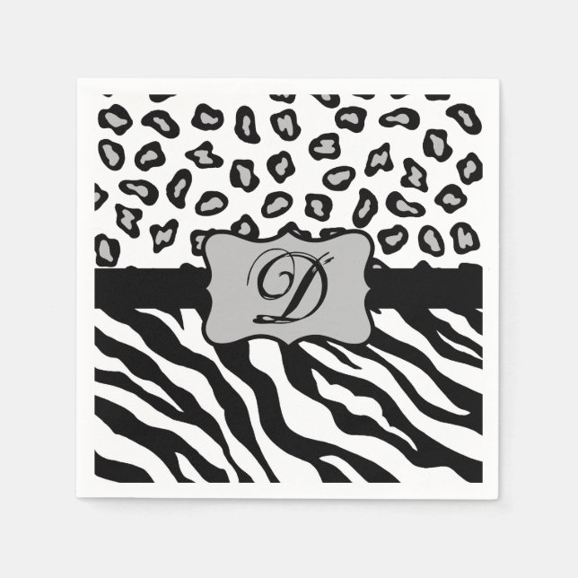Black White Zebra Leopard Skin Monogram Paper Napkins (Front)