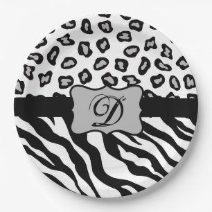 Black White Zebra Leopard Skin Monogram Paper Plates