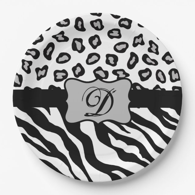 Black White Zebra Leopard Skin Monogram Paper Plates (Front)
