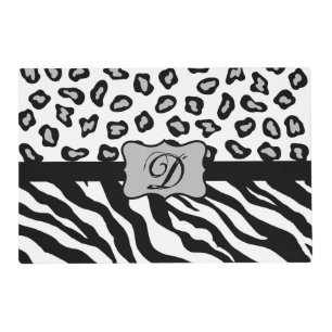 Black White Zebra Leopard Skin Monogram Placemat