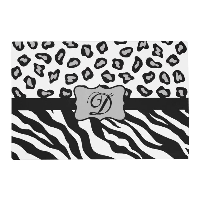 Black White Zebra Leopard Skin Monogram Placemat (Front)