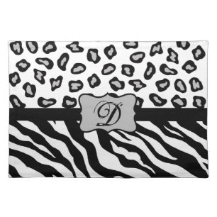 Black White Zebra Leopard Skin Monogram Placemat