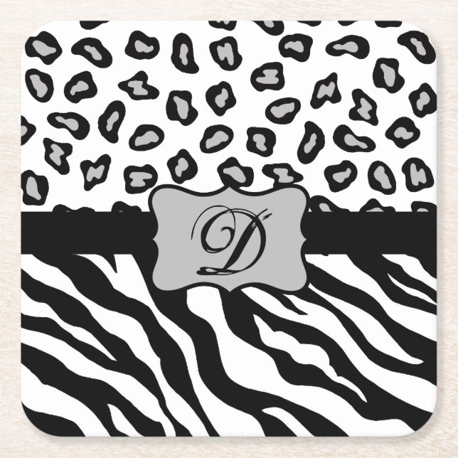 Black White Zebra Leopard Skin Monogram Square Paper Coaster (Front)