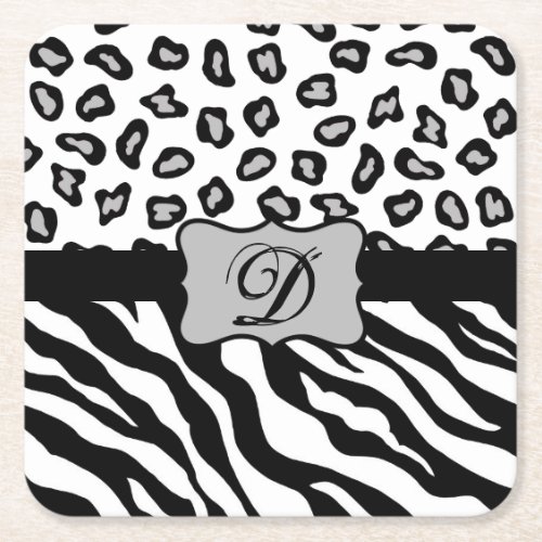Black White Zebra Leopard Skin Monogram Square Paper Coaster