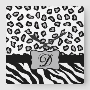 Black White Zebra Leopard Skin Monogram Square Wall Clock