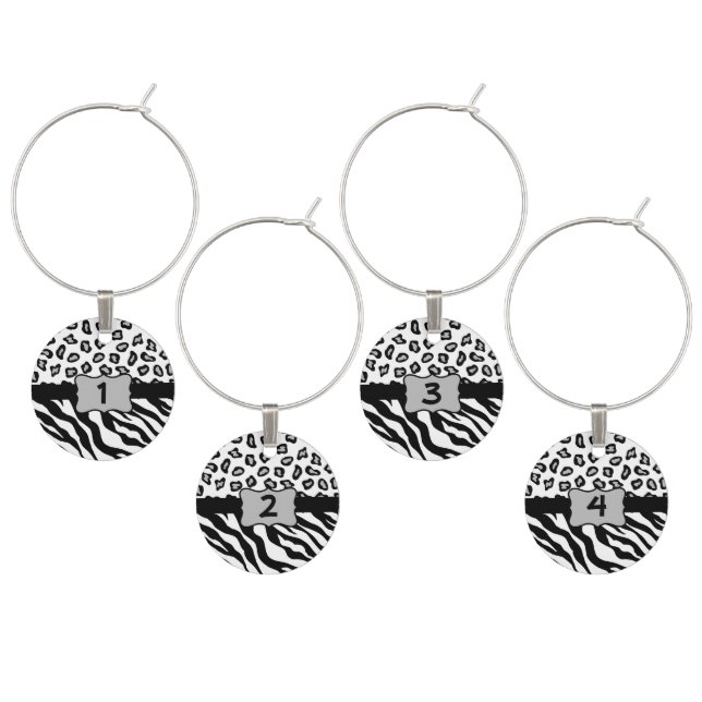 Black White Zebra Leopard Skin Monogram Wine Glass Charm (Staggered)