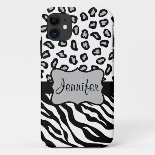 Black White Zebra Leopard Skin Name Personalized iPhone 11 Case