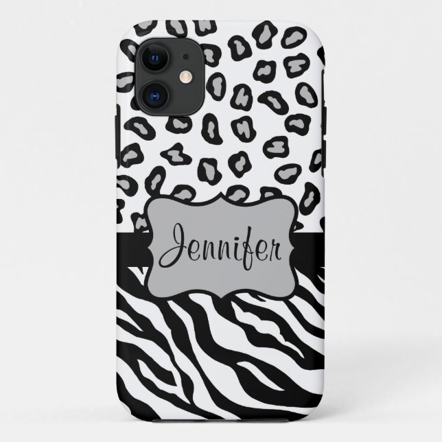 Black White Zebra Leopard Skin Name Personalized Case-Mate iPhone Case (Back)