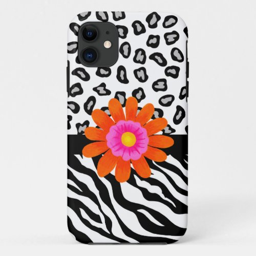 Black  White Zebra  Leopard Skin  Orange Flower iPhone 11 Case
