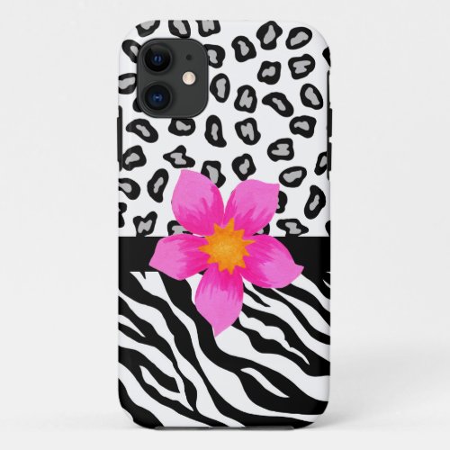 Black  White Zebra  Leopard Skin  Pink Flower iPhone 11 Case