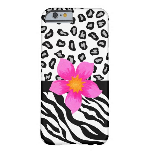 Black White Zebra Leopard Skin with Pink Flower Barely There iPhone 6 Case