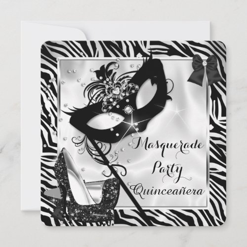 Black White Zebra Masquerade Quinceanera High Heel Invitation