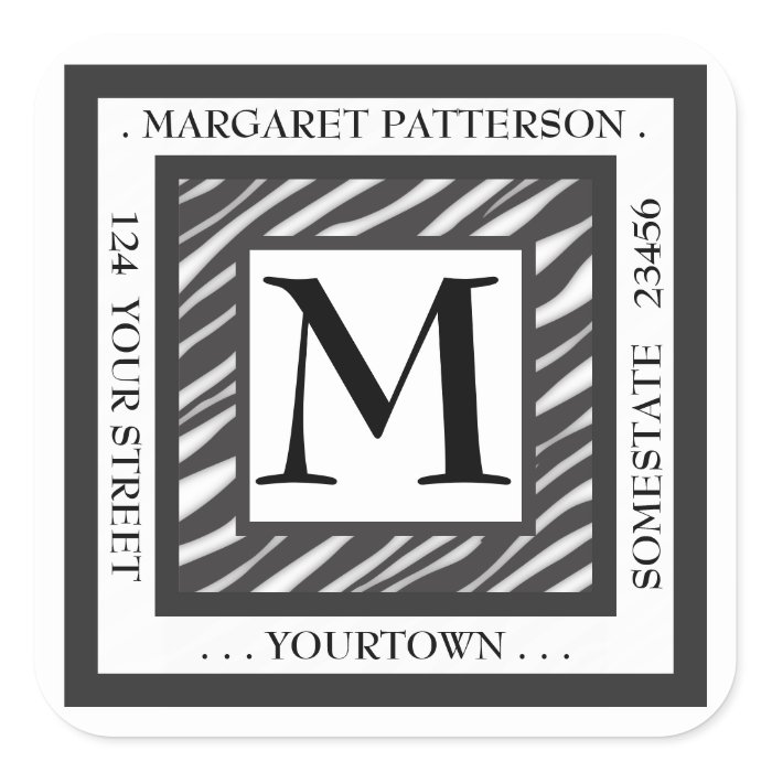 Black & White Zebra Monogram Square Address Label Sticker