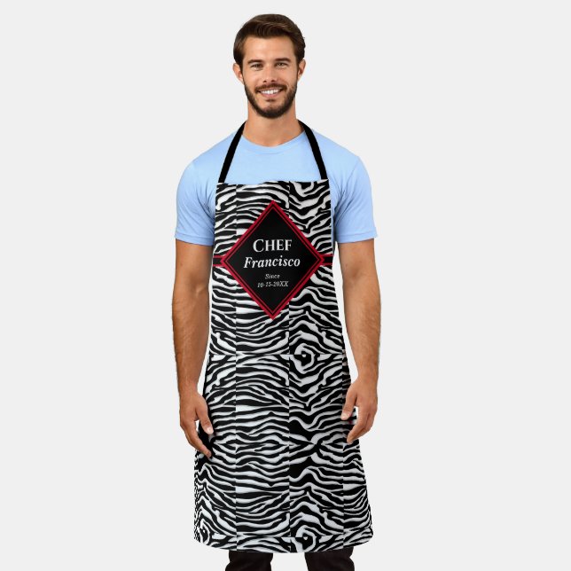  Black White Zebra Pattern Chef Personalize  Apron (Worn)