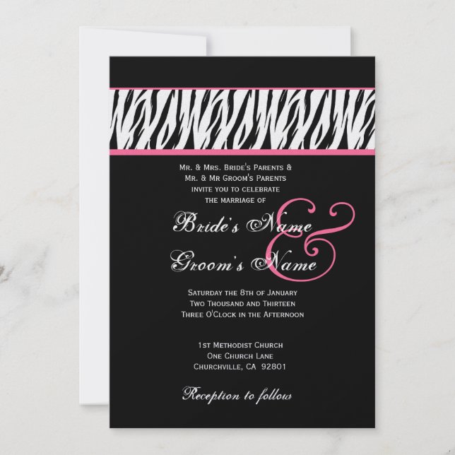 Black White Zebra Pink Accents Wedding Metallic Invitation (Front)