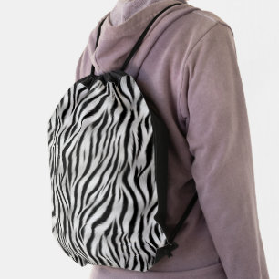 Black White Zebra Print Animal Drawstring Bag