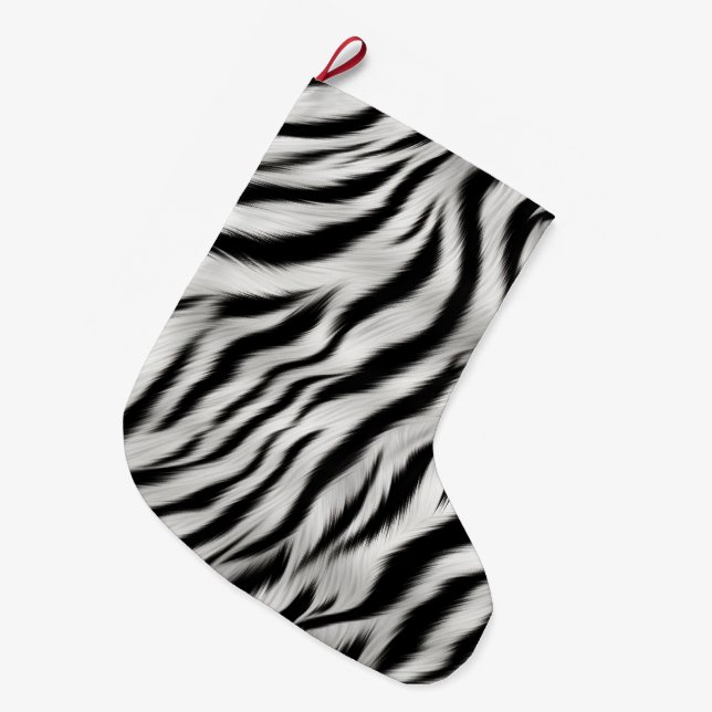  Black White Zebra Print Animal Safari Large Christmas Stocking (Front (Hanging))
