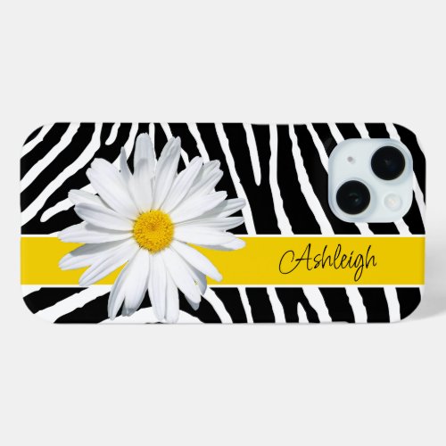 Black White Zebra Print Daisy Flower iPhone 15 Case