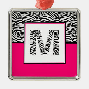 Black & White #Zebra Print Monogram Hot Pink Metal Ornament