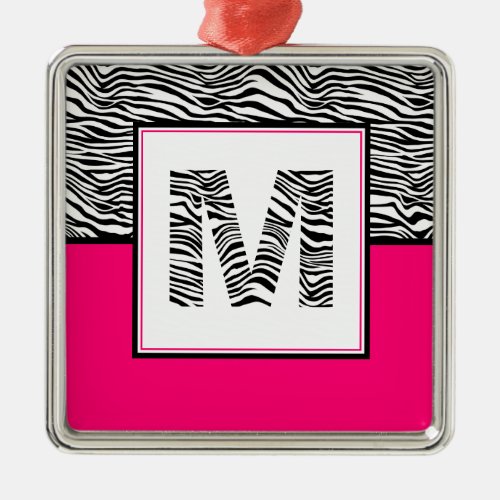 Black  White Zebra Print Monogram  Hot Pink Metal Ornament