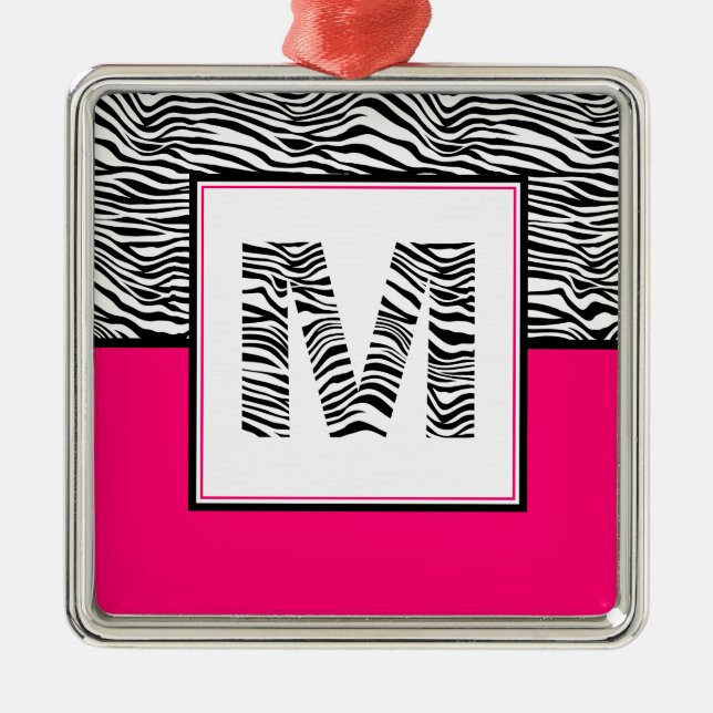 Black & White #Zebra Print Monogram | Hot Pink Metal Ornament (Front)