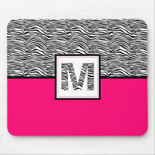 Black  White Zebra Print Monogram  Hot Pink Mouse Pad