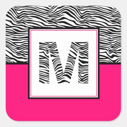 Black  White Zebra Print Monogram  Hot Pink Square Sticker