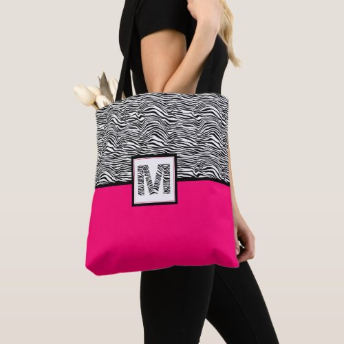 Black  White Zebra Print Monogram  Hot Pink Tote Bag