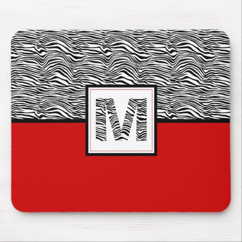 Black  White Zebra Print Monogram  Red Mouse Pad