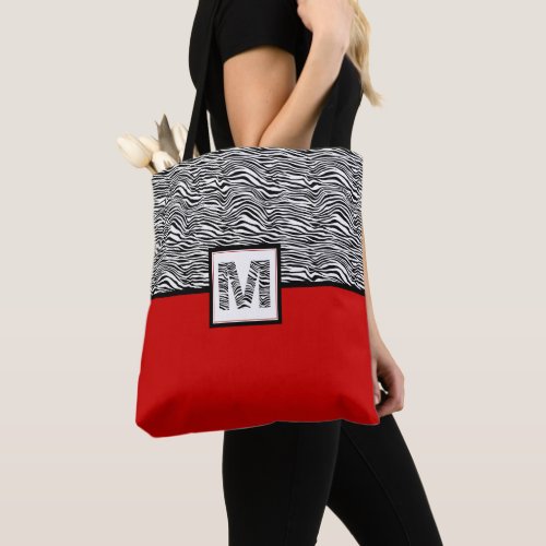 Black  White Zebra Print Monogram  Red Tote Bag