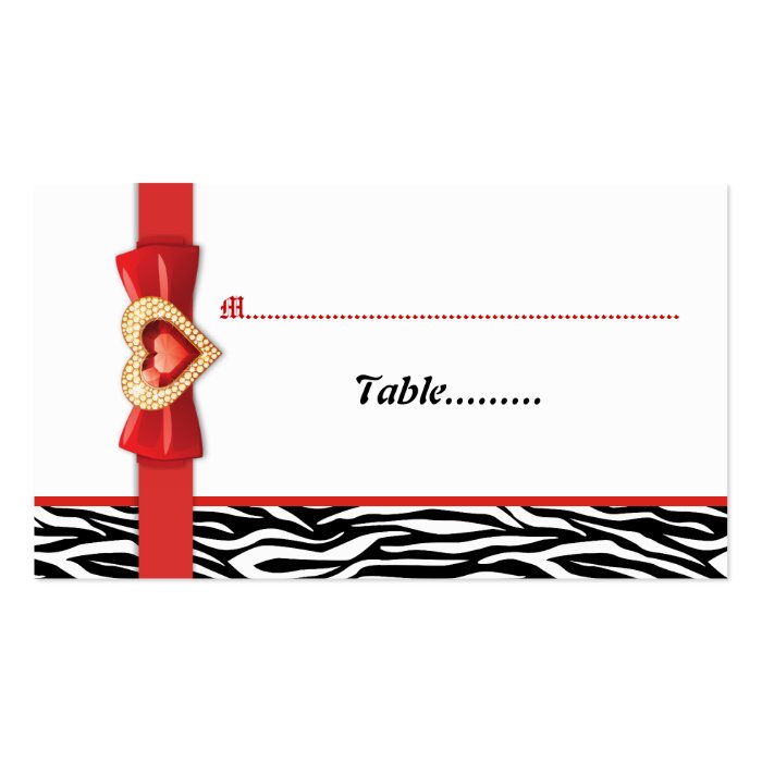 Black white zebra print, red wedding place card business card template