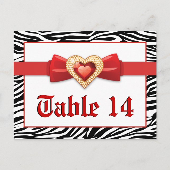 Black white zebra print, red wedding table number (Front)