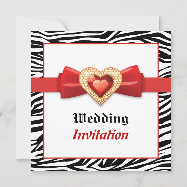 Black white zebra print with red jewel wedding invitation (Front)