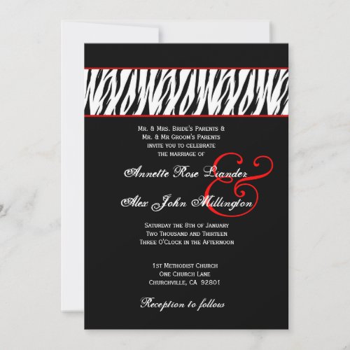 Black White Zebra Red Accents Wedding Z002 Custom Invite