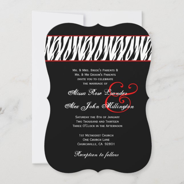 Black White Zebra Red Accents Wedding Z002A Invitation (Front)