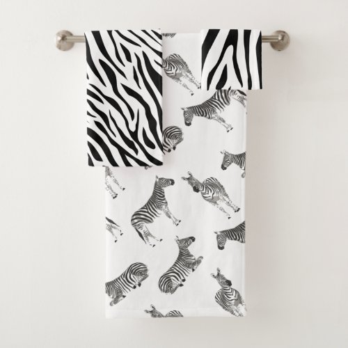 Black White Zebra Stripe Animal Pattern Bath Towel Set
