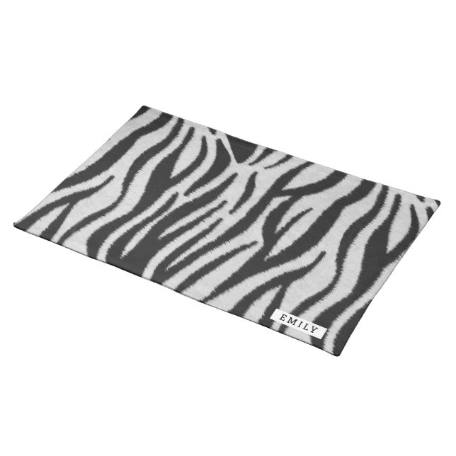 Black & white zebra stripes fur texture cloth placemat (On Table)