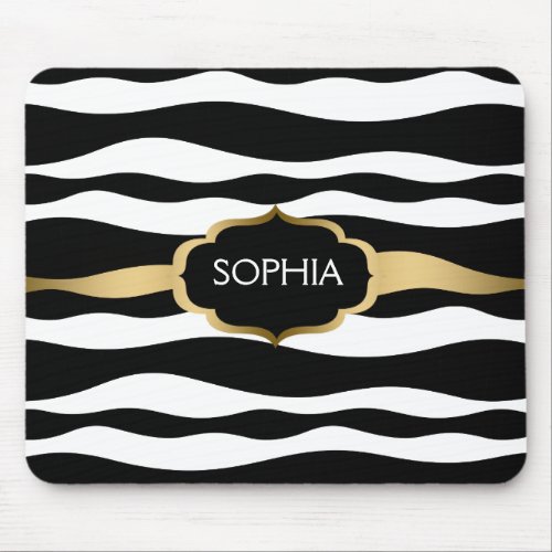 Black  White Zebra Stripes Gold Accents Mouse Pad