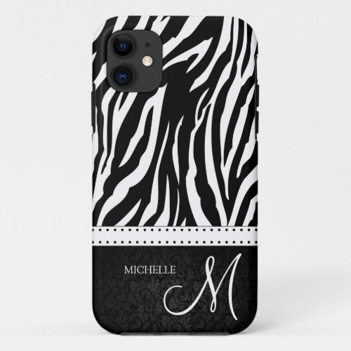 Black  White Zebra stripes with Black damask iPhone 11 Case