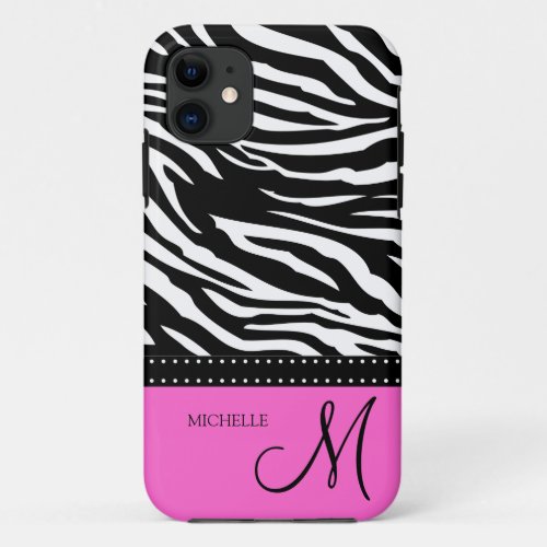 Black  White Zebra stripes with hot pink iPhone 11 Case