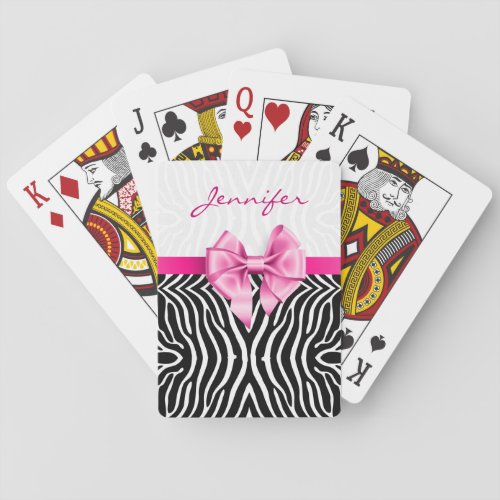 Black  White Zebra Stripes With Pink Bow Poker Cards