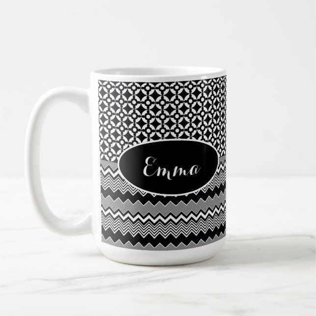 Black & White Zig Zags and Retro Medallion Pattern Coffee Mug (Left)