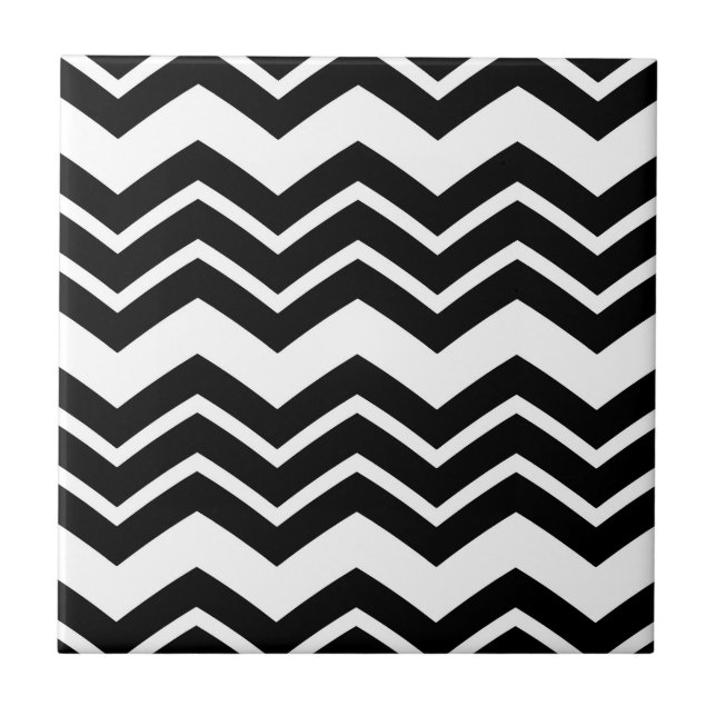 Black White Zigzag Chevron Pattern Design  Ceramic Tile (Front)