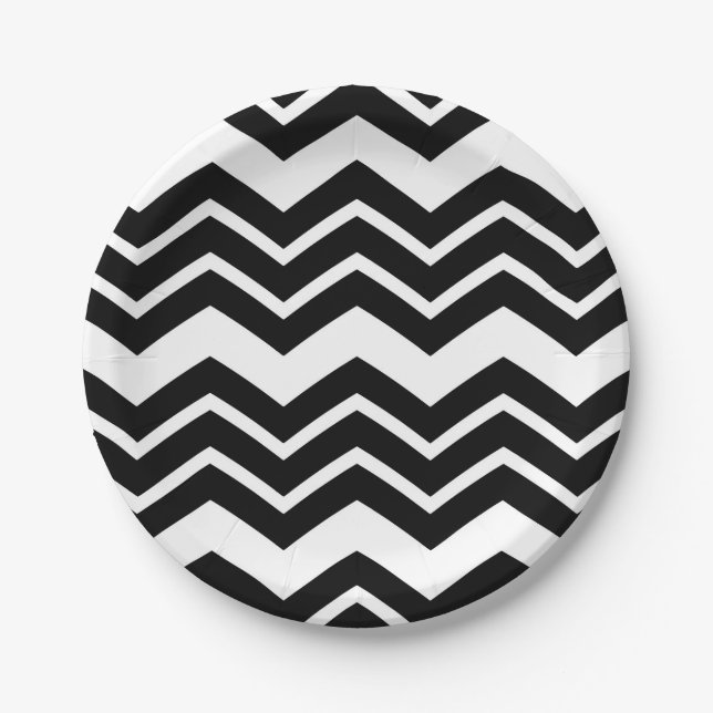 Black White Zigzag Chevron Pattern Design  Paper Plates (Front)