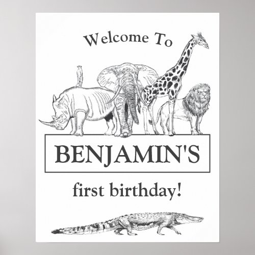 Black  White Zoo Animals Birthday Welcome Sign