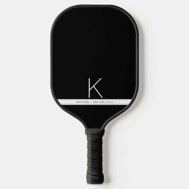 Black Whited Stripe Simple Modern Monogrammed Pickleball Paddle (Front)
